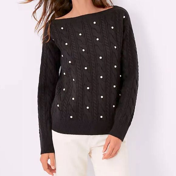 Ann Taylor Sweaters - Ann Taylor black stretch cable knit pearl embellished sweater boat neck M